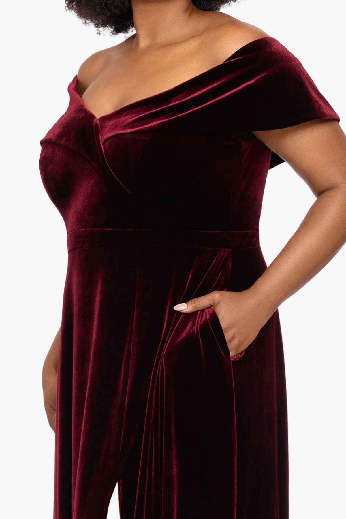 XSCAPE "Candace" Velvet Off Shoulder Gown