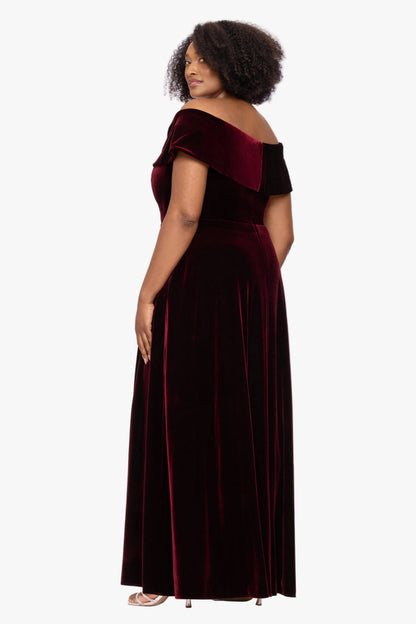 XSCAPE "Candace" Velvet Off Shoulder Gown