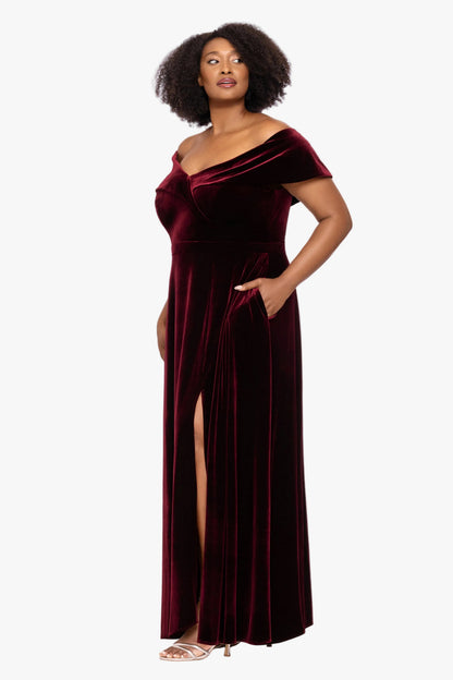 XSCAPE "Candace" Velvet Off Shoulder Gown