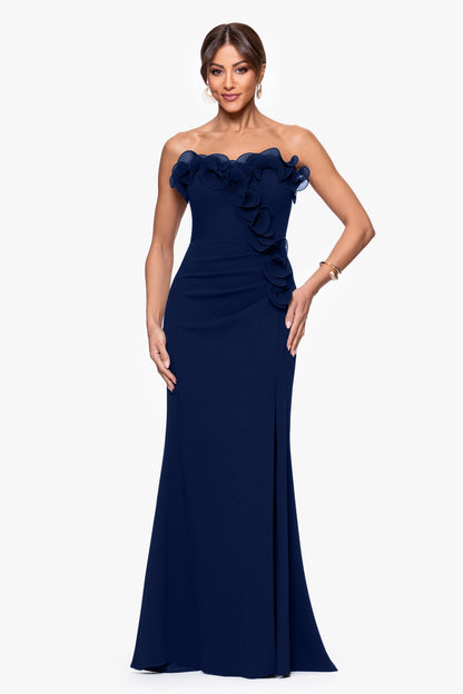 XSCAPE "Kimberly" Scuba Crepe Chiffon Ruffle Strapless Dress