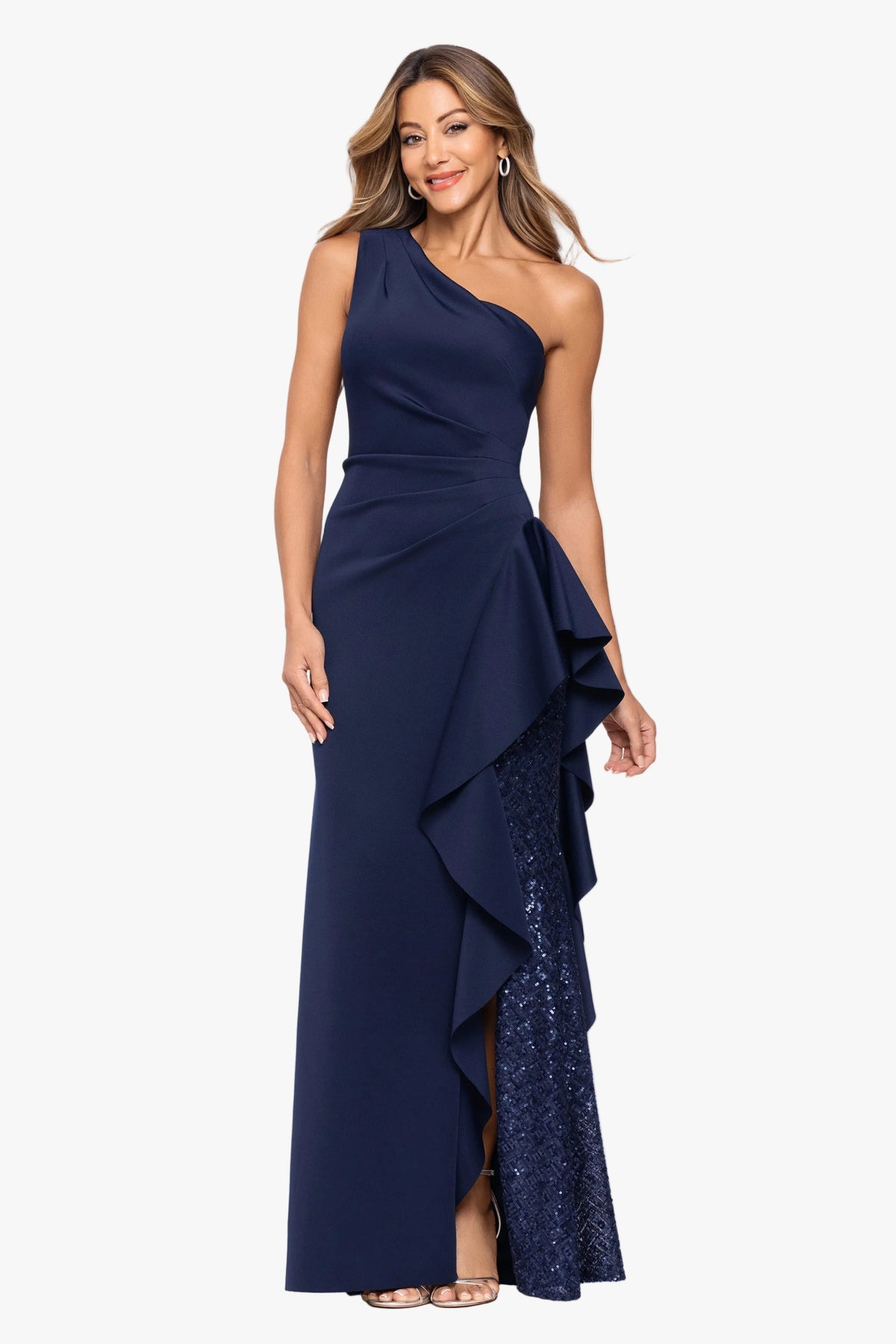 XSCAPE "Harley" Techno Scuba One Shoulder Ruffle Dress