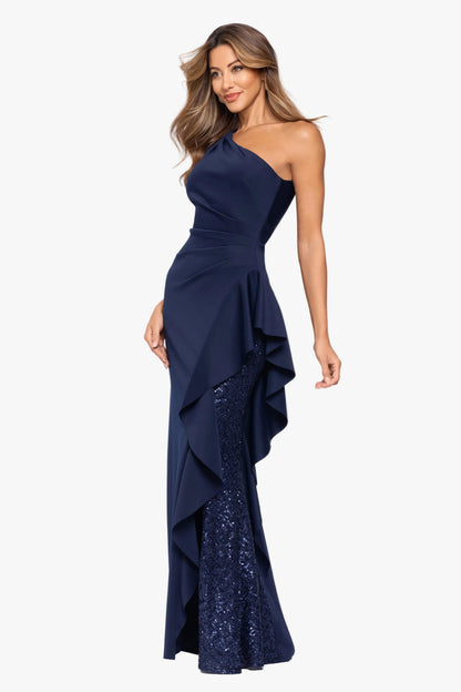 XSCAPE "Harley" Techno Scuba One Shoulder Ruffle Dress