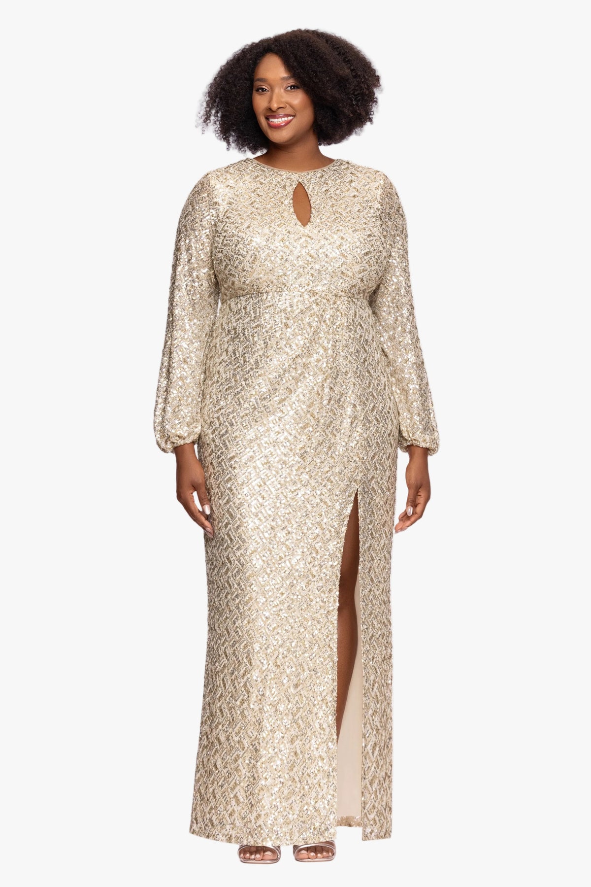XSCAPE Plus "Alessia" Sequin Long Sleeve Keyhole Dress
