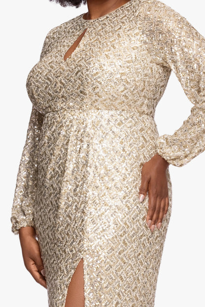 XSCAPE Plus "Alessia" Sequin Long Sleeve Keyhole Dress
