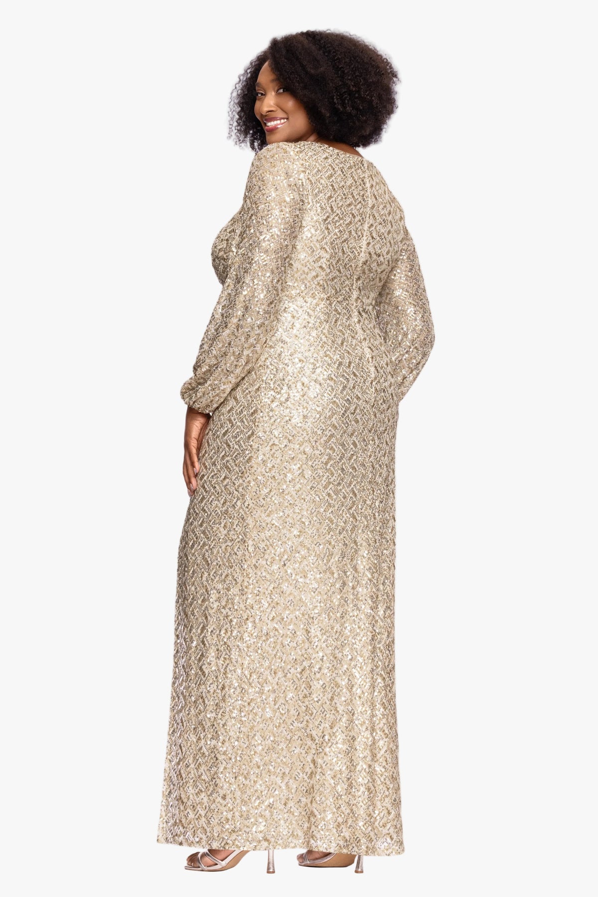 XSCAPE Plus "Alessia" Sequin Long Sleeve Keyhole Dress