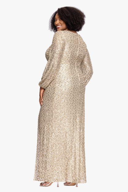 XSCAPE Plus "Alessia" Sequin Long Sleeve Keyhole Dress