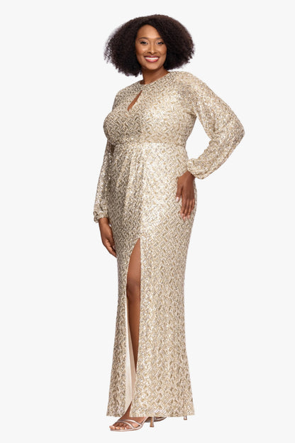 XSCAPE Plus "Alessia" Sequin Long Sleeve Keyhole Dress