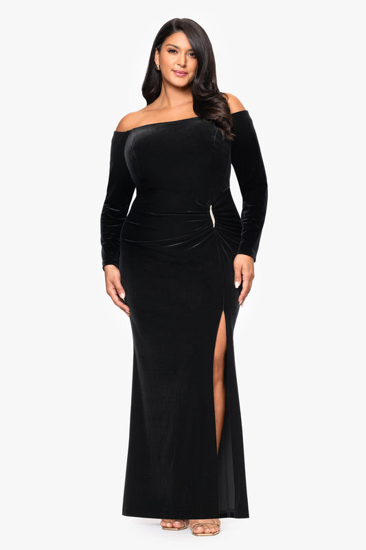 XSCAPE Plus "Danni" Velvet Off The Shoulder Long Sleeve Dress | Xscape Evening