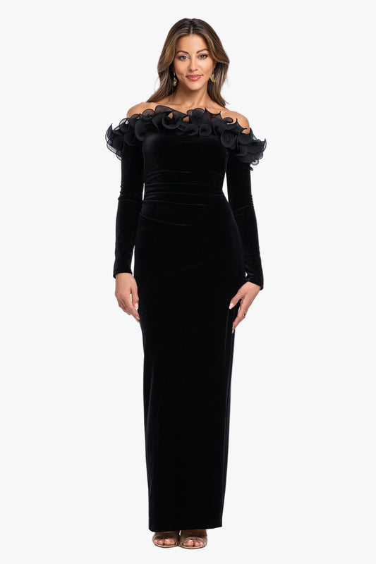XSCAPE "Brennan" Velvet Long Sleeve Off Shoulder Ruffle Dress