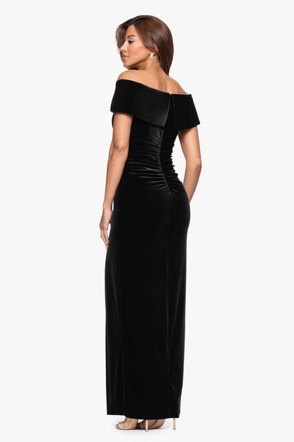XSCAPE "Charmaine" Velvet Off The Shoulder Gown