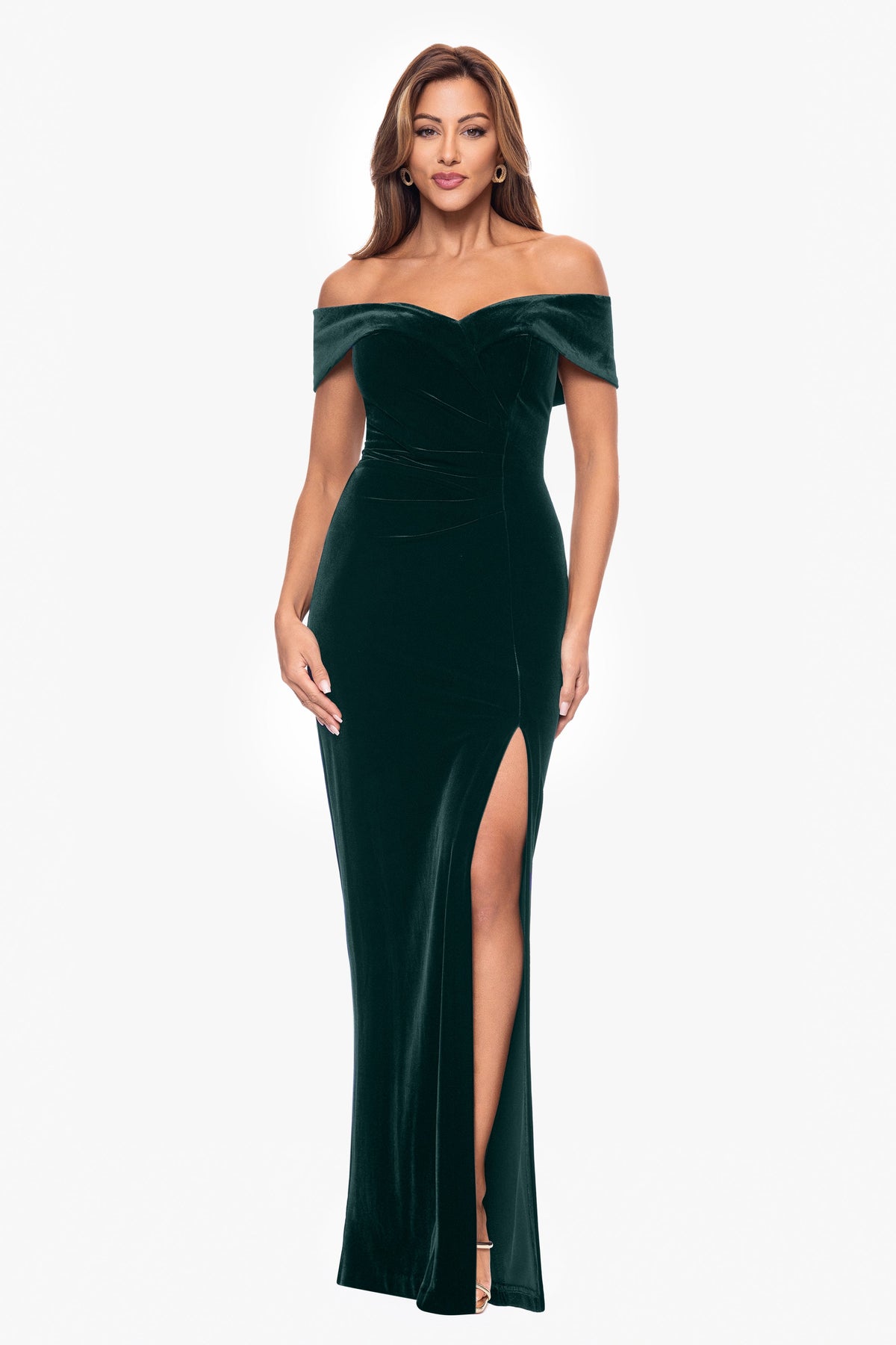 XSCAPE "Charmaine" Velvet Off The Shoulder Gown