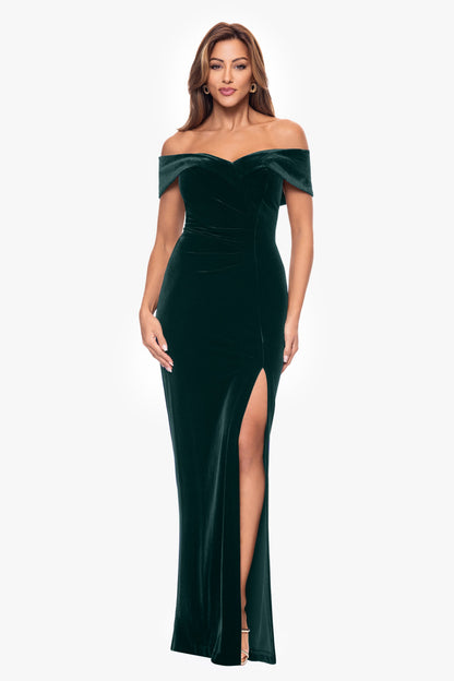XSCAPE "Charmaine" Velvet Off The Shoulder Gown