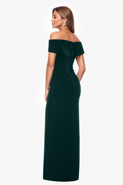 XSCAPE "Charmaine" Velvet Off The Shoulder Gown