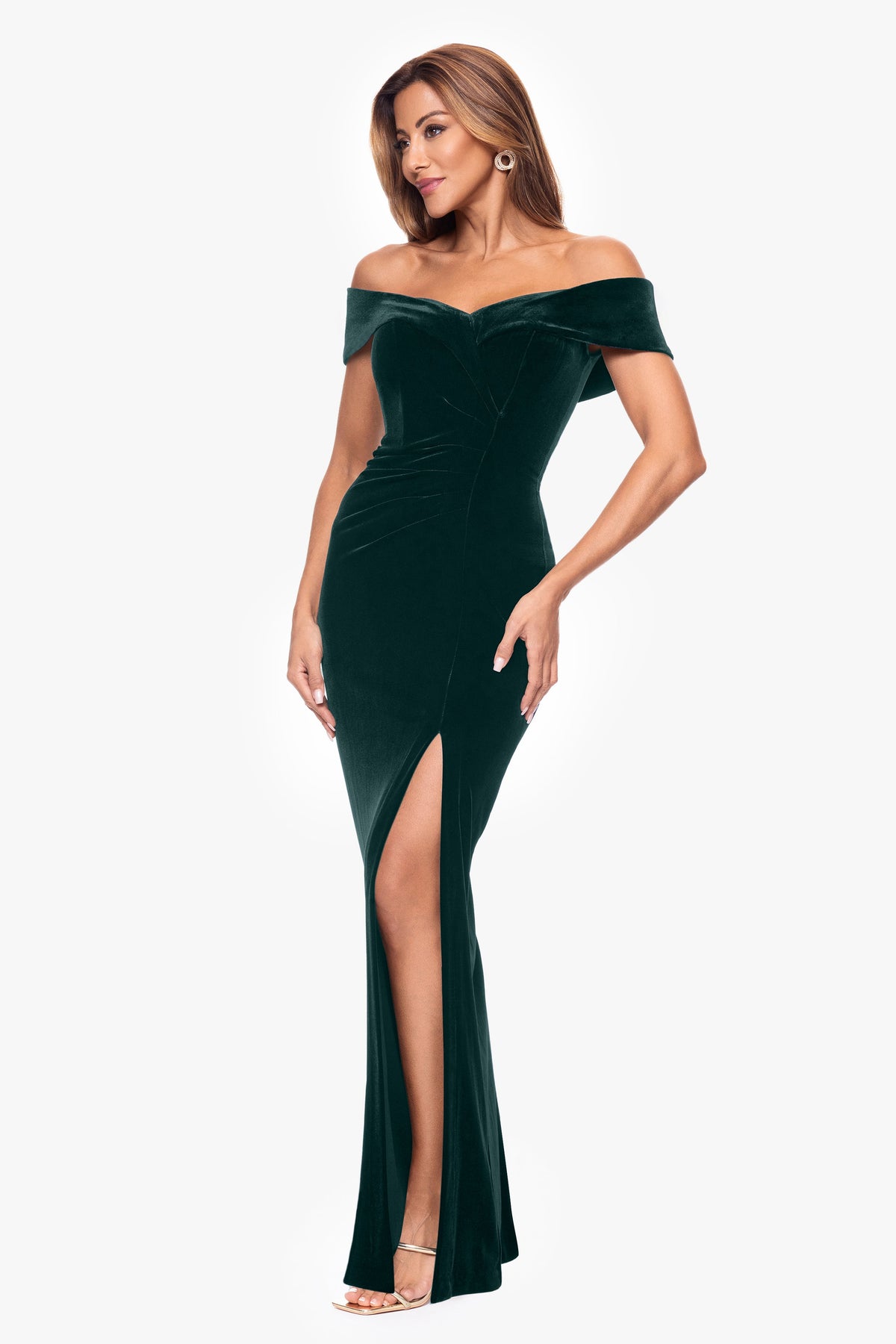 XSCAPE "Charmaine" Velvet Off The Shoulder Gown