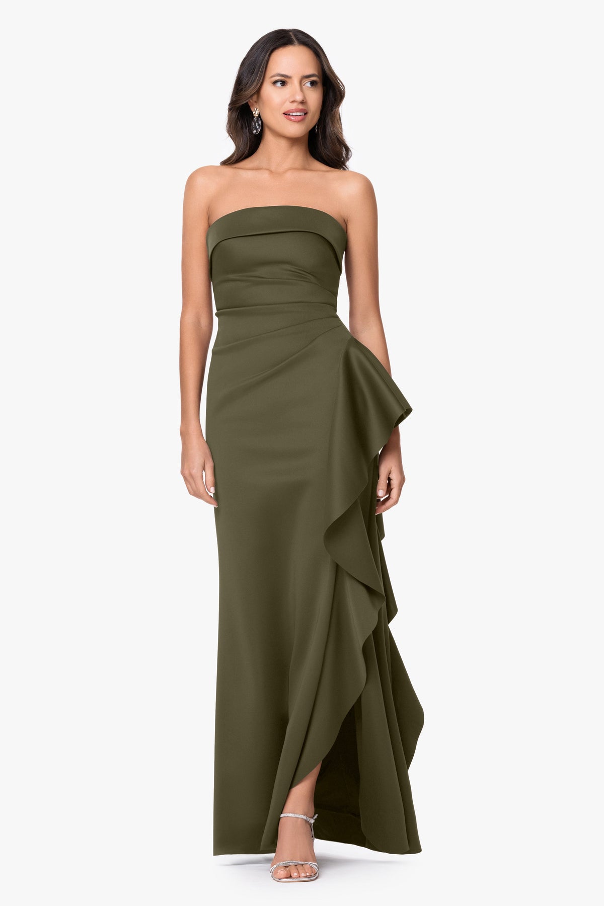 XSCAPE Petite "Jacqueline" Techno Scuba Strapless Ruffle Dress