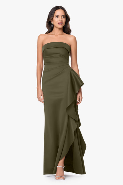 XSCAPE Petite "Jacqueline" Techno Scuba Strapless Ruffle Dress