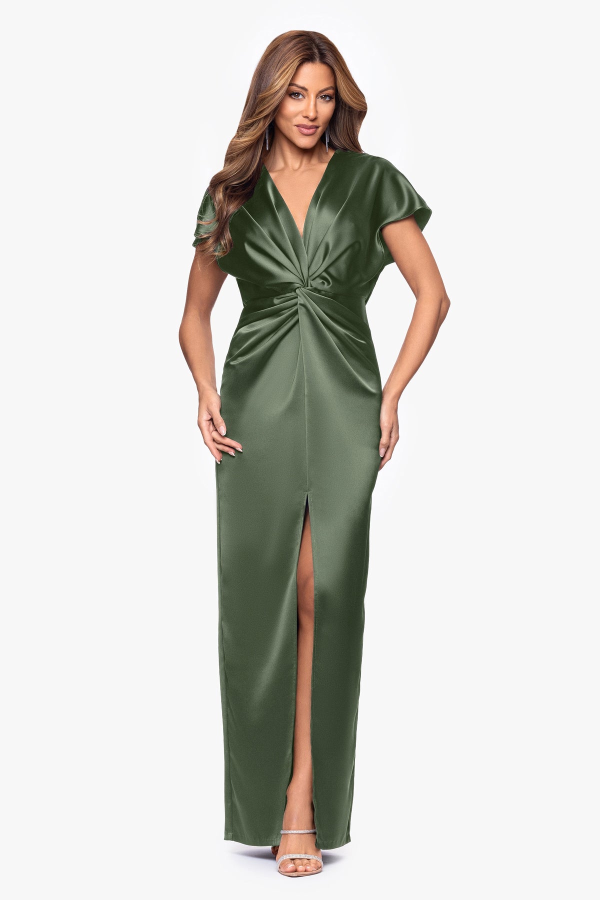 XSCAPE "Evelyn" Satin Short Sleeve V-Neck Tie Dress