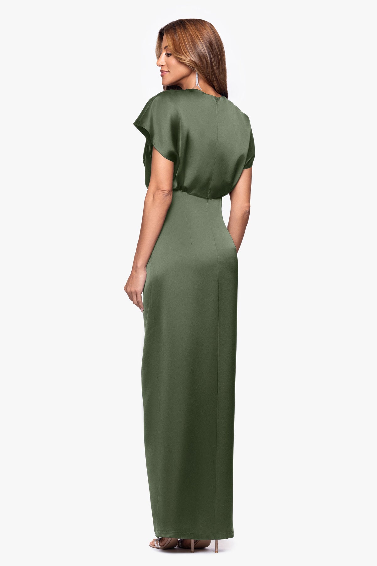 XSCAPE "Evelyn" Satin Short Sleeve V-Neck Tie Dress
