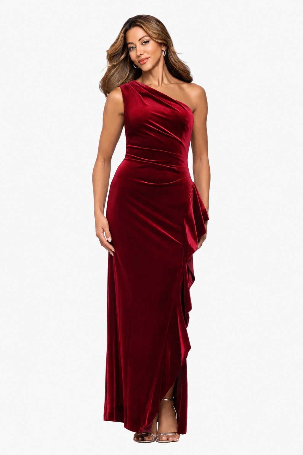XSCAPE "Gemma" Stretch Velvet One Shoulder Ruffle Dress