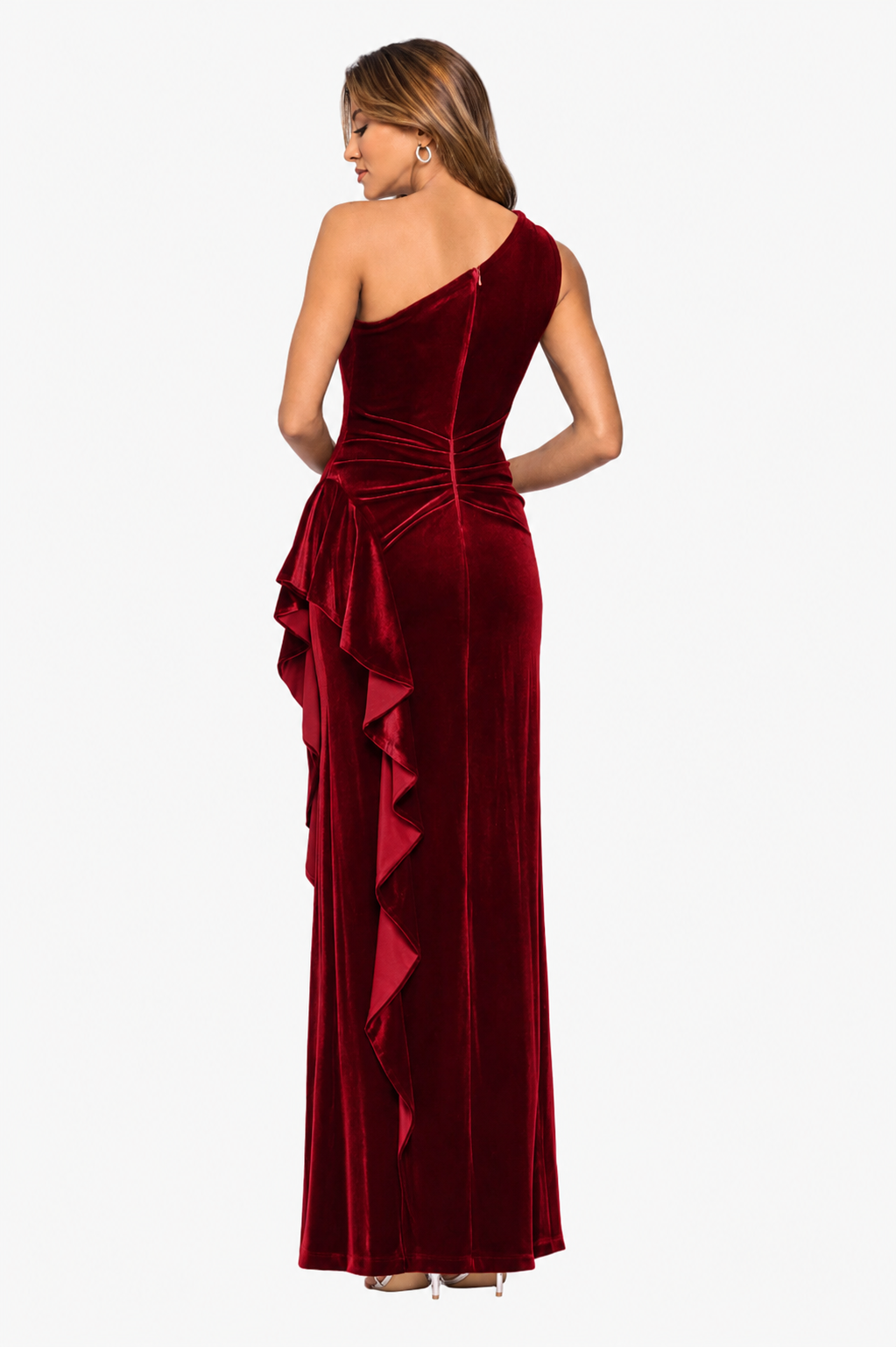 XSCAPE "Gemma" Stretch Velvet One Shoulder Ruffle Dress
