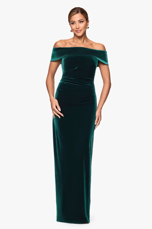 XSCAPE "Lori" Velvet Off The Shoulder Ruched Dress