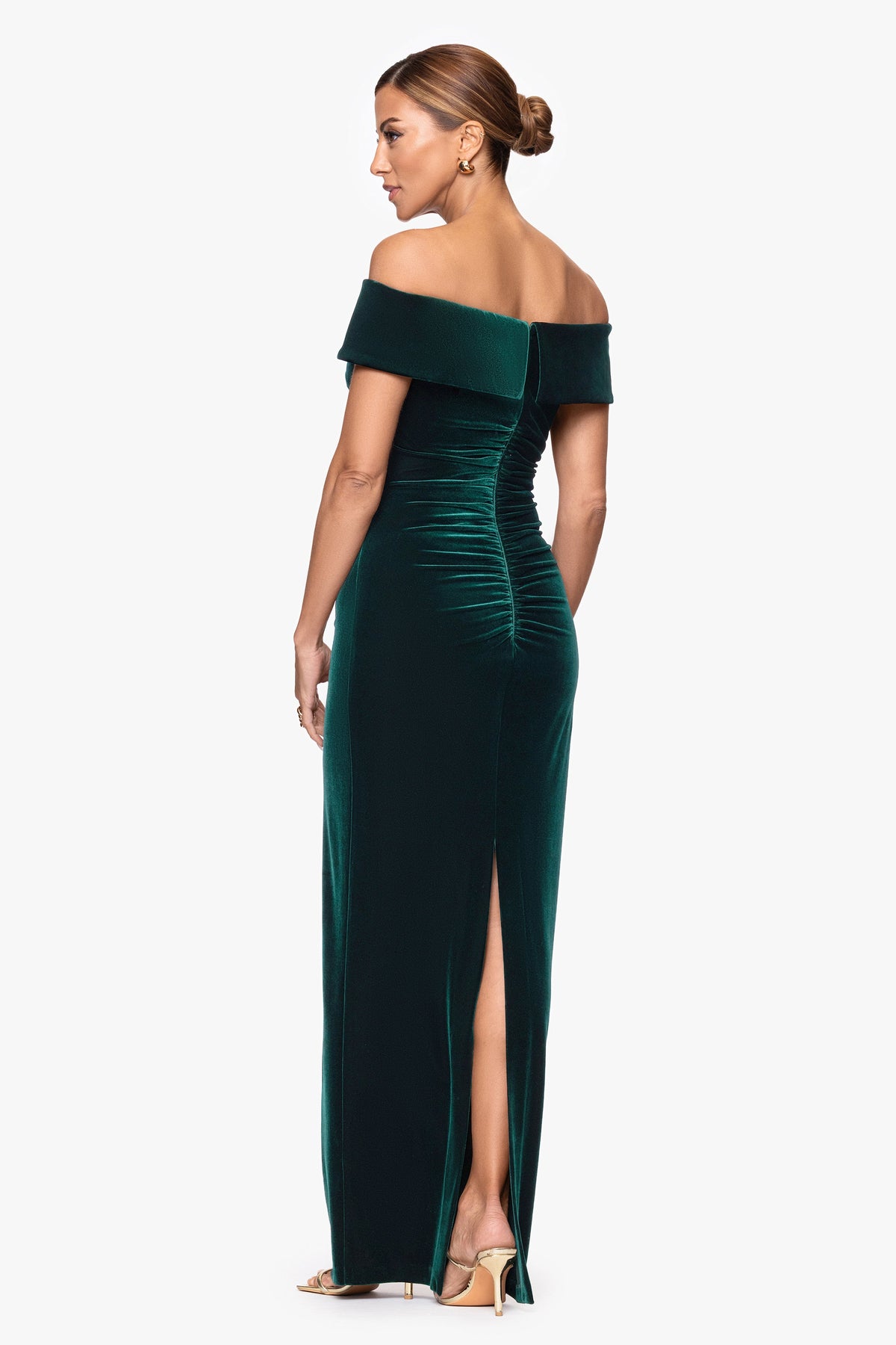 XSCAPE "Lori" Velvet Off The Shoulder Ruched Dress