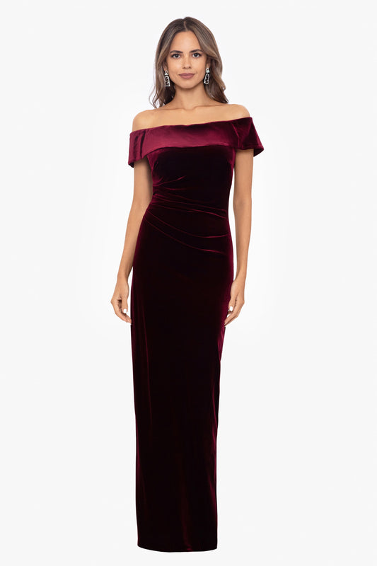 XSCAPE "Lori" Velvet Off The Shoulder Ruched Dress