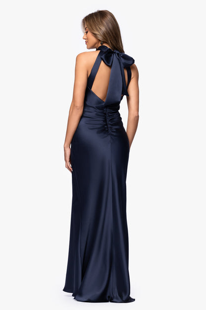 XSCAPE Petite "Ruth" Satin High Tie Neck Backless Dress