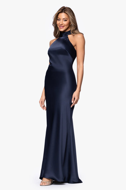 XSCAPE Petite "Ruth" Satin High Tie Neck Backless Dress