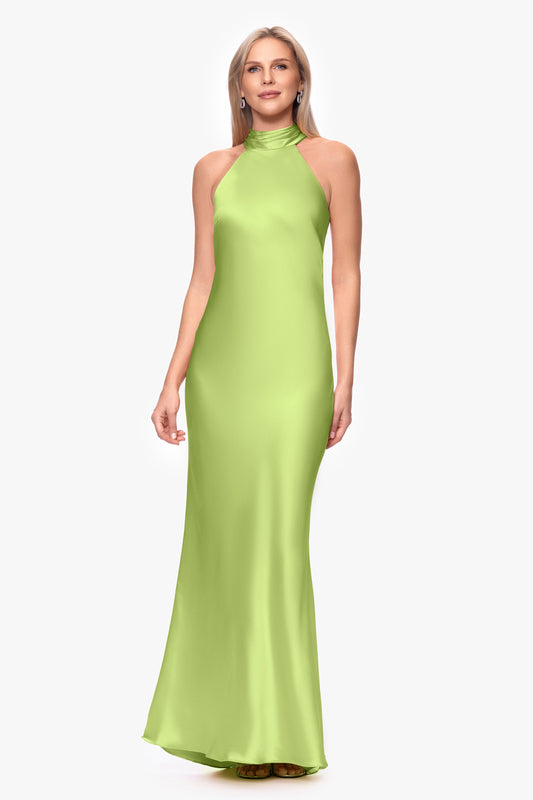 XSCAPE "Ruth" Satin High Tie Neck Backless Dress