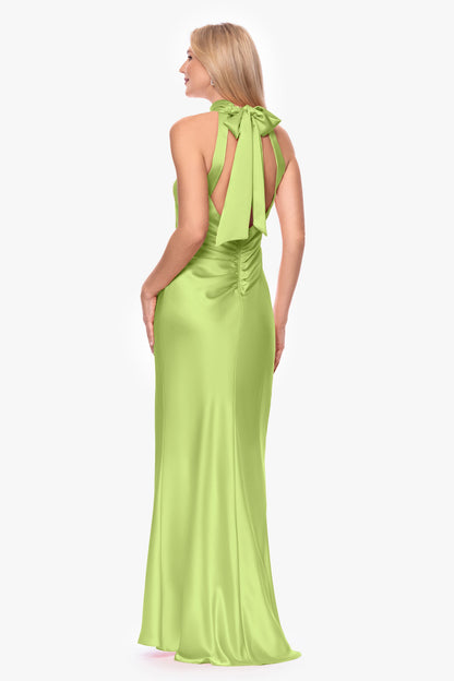 XSCAPE "Ruth" Satin High Tie Neck Backless Dress
