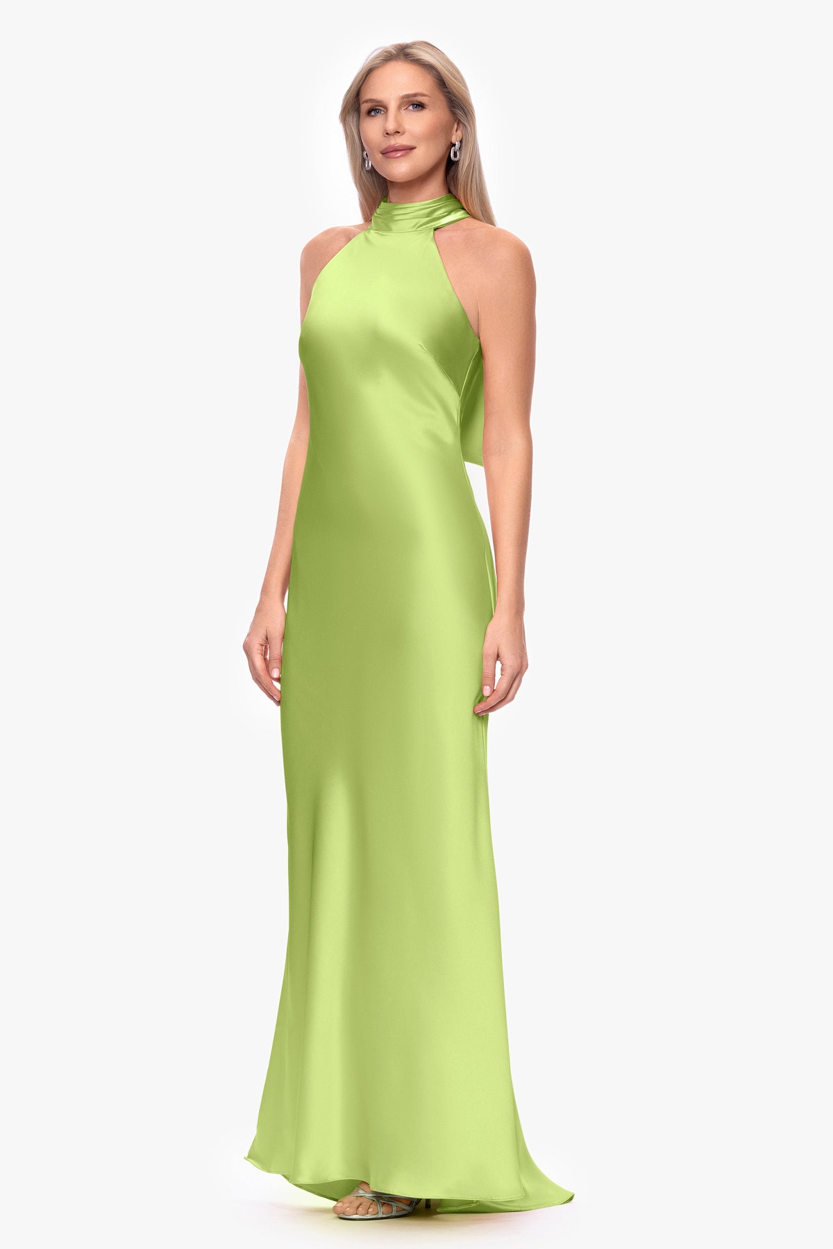 XSCAPE "Ruth" Satin High Tie Neck Backless Dress