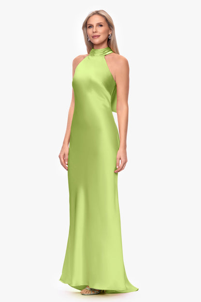 XSCAPE "Ruth" Satin High Tie Neck Backless Dress