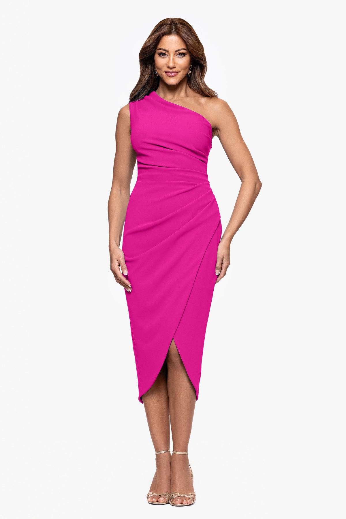 XSCAPE "Dakota" Scuba Crepe One Shoulder Ruched Short Dress