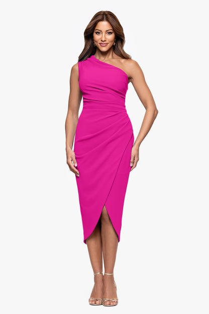XSCAPE "Dakota" Scuba Crepe One Shoulder Ruched Short Dress