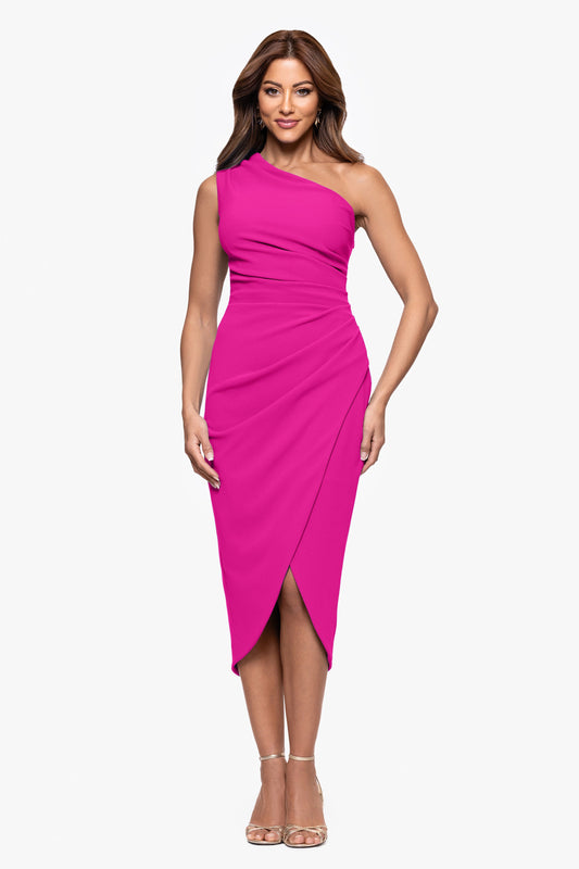 XSCAPE "Dakota" Scuba Crepe One Shoulder Ruched Short Dress