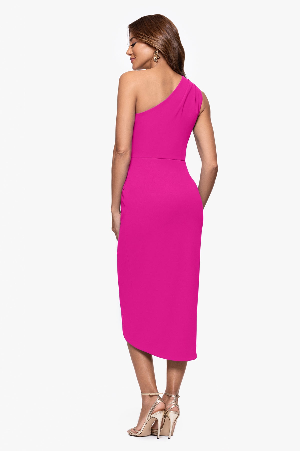 XSCAPE "Dakota" Scuba Crepe One Shoulder Ruched Short Dress