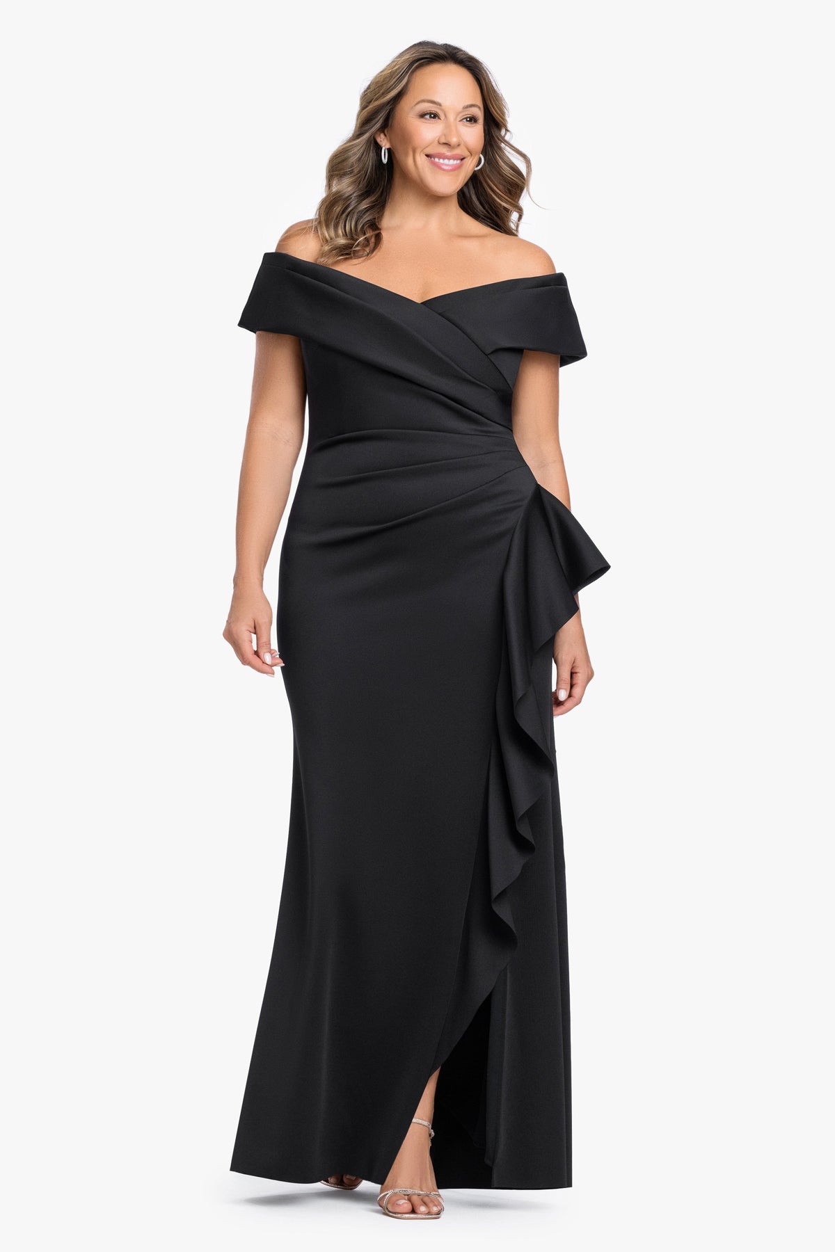 XSCAPE Plus "Pearl" Techno Scuba Off the Shoulder Ruffle Dress