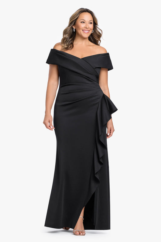 XSCAPE Plus "Pearl" Techno Scuba Off the Shoulder Ruffle Dress