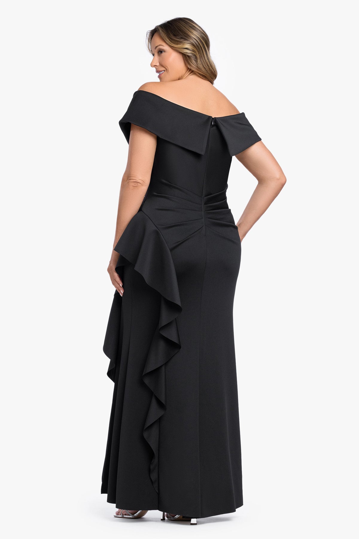 XSCAPE Plus "Pearl" Techno Scuba Off the Shoulder Ruffle Dress