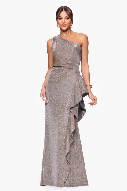 XSCAPE "Shannon" Galaxy Glitter One Shoulder Ruffle Dress