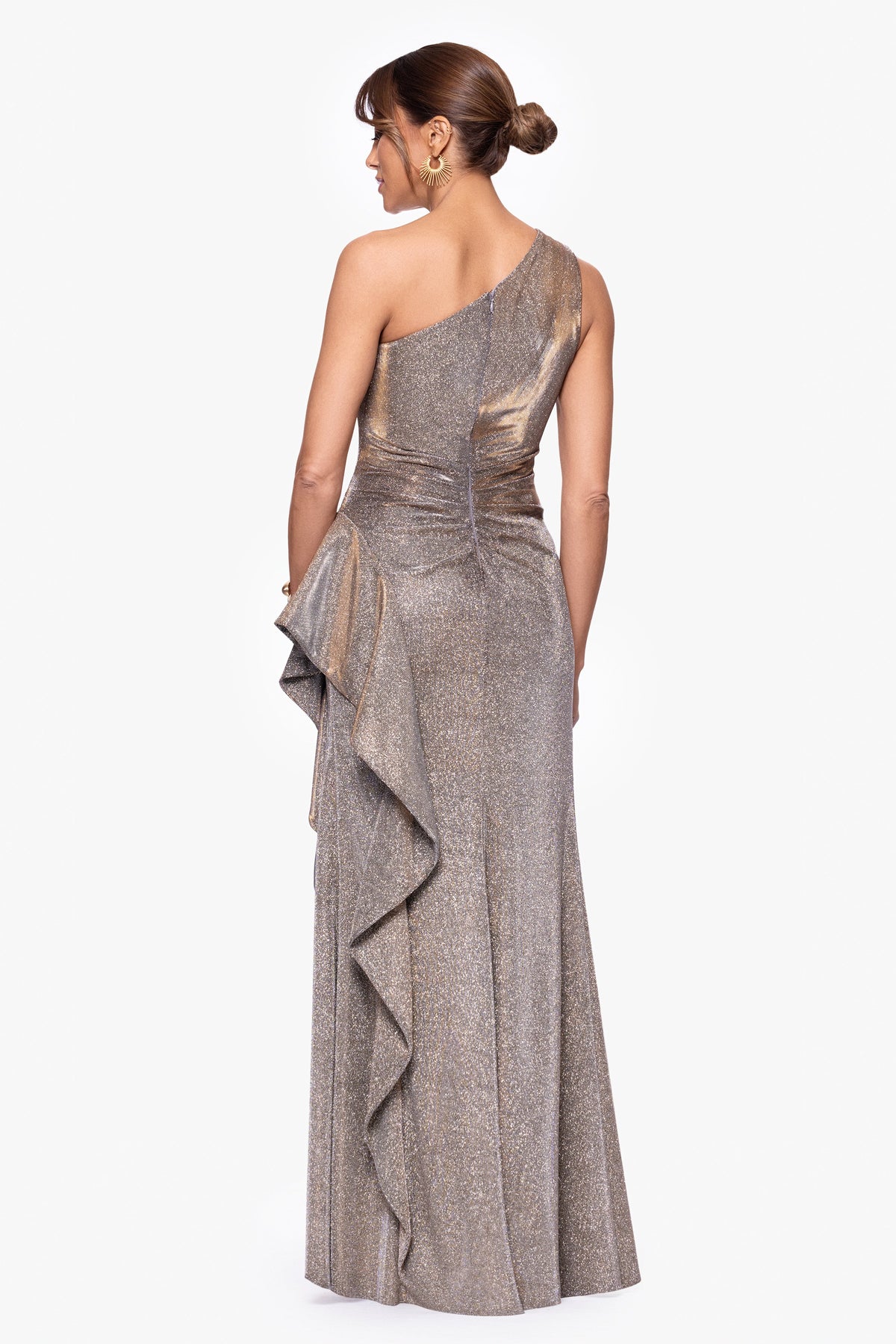 XSCAPE "Shannon" Galaxy Glitter One Shoulder Ruffle Dress