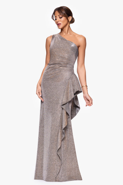 XSCAPE "Shannon" Galaxy Glitter One Shoulder Ruffle Dress
