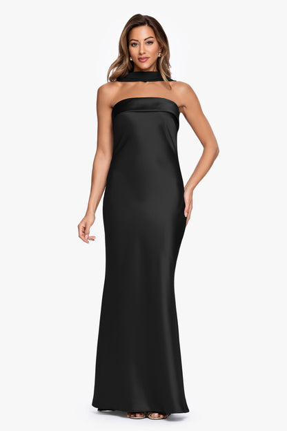 XSCAPE "Lila" Satin With Hammered Chiffon Scarf Dress