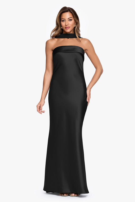 XSCAPE "Lila" Satin With Hammered Chiffon Scarf Dress