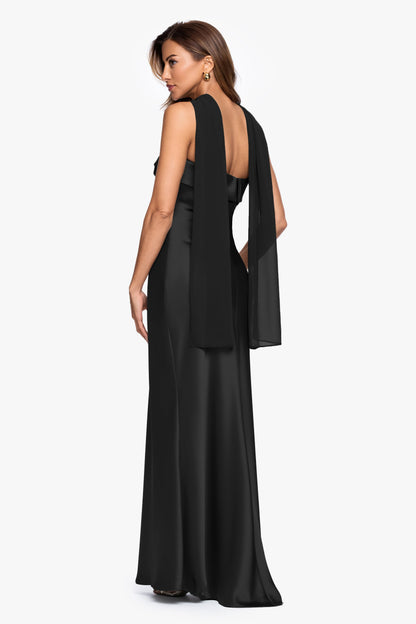 XSCAPE "Lila" Satin With Hammered Chiffon Scarf Dress