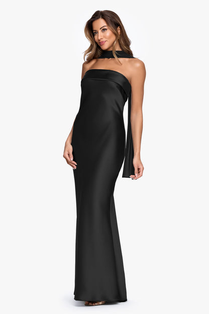 XSCAPE "Lila" Satin With Hammered Chiffon Scarf Dress