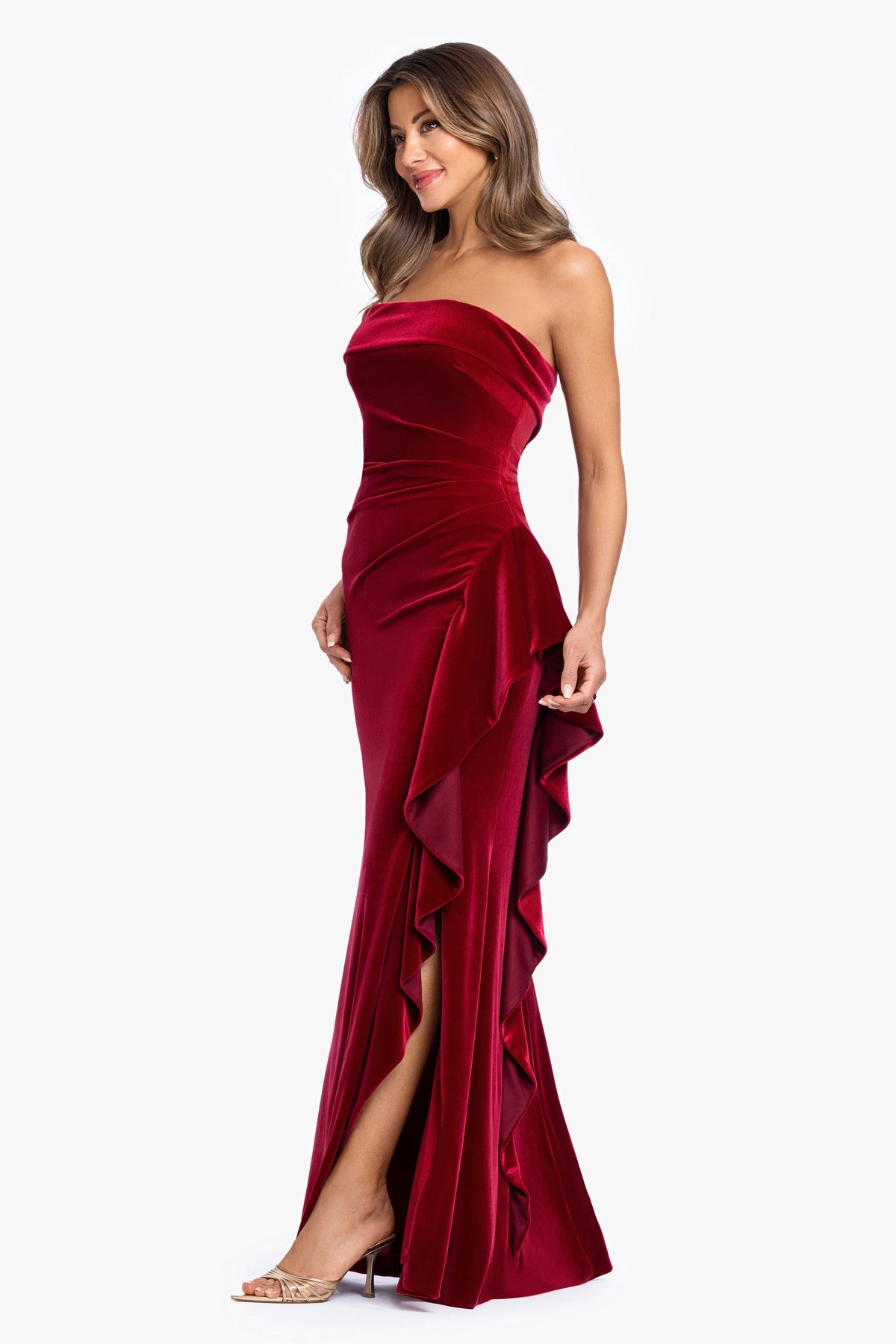 XSCAPE "Dillon" Stretch Velvet Strapless Dress
