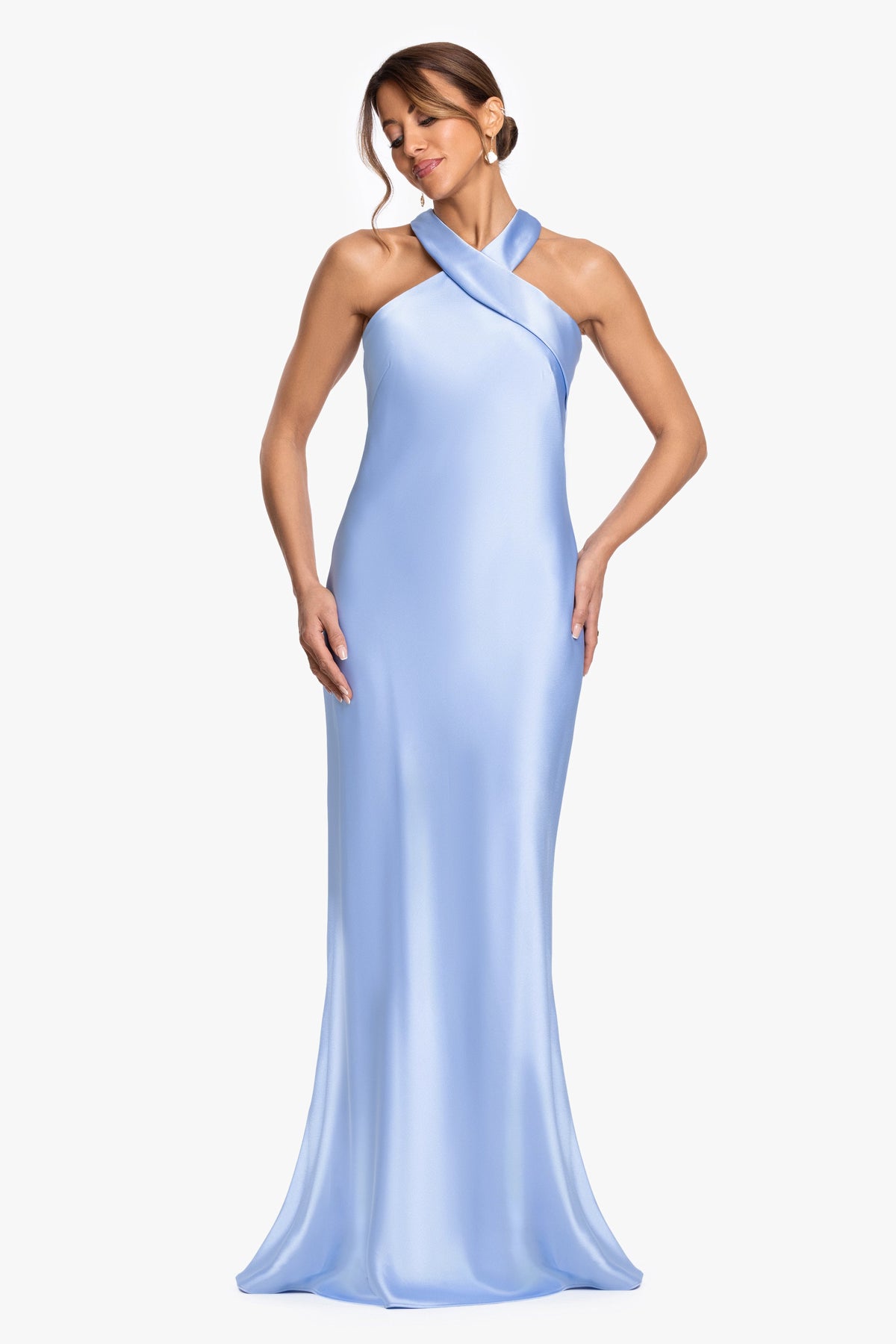 XSCAPE "Francesca" Satin Halter Tie Neck Dress