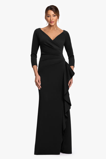 XSCAPE "Clarissa" Techno Scuba Long Sleeve Ruffle Dress